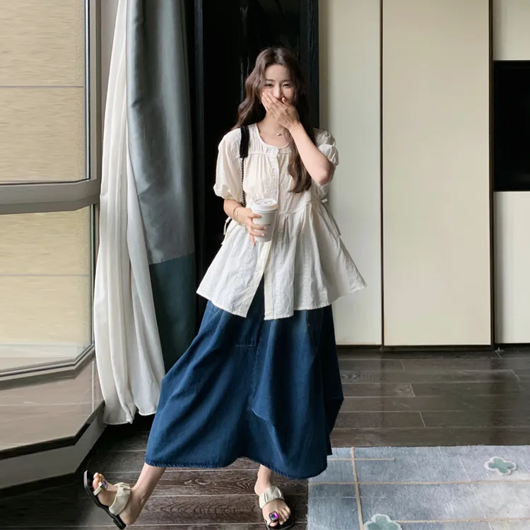 甜美减龄套装裙夏季女2025新款韩系穿搭刺绣衬衫渐变牛仔半身裙想