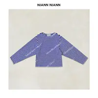 NiannNiann 新款女装极简复古海军风蓝条纯棉色织圆领打底衫15827