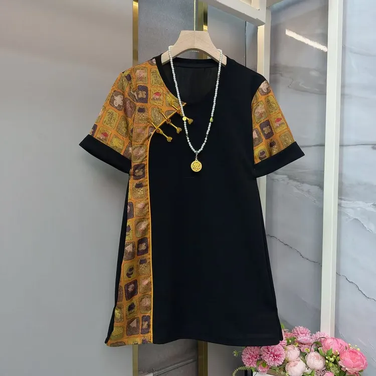 大码女装国风夏季中式提花新款拼接短袖T恤2025中长款休闲上衣潮