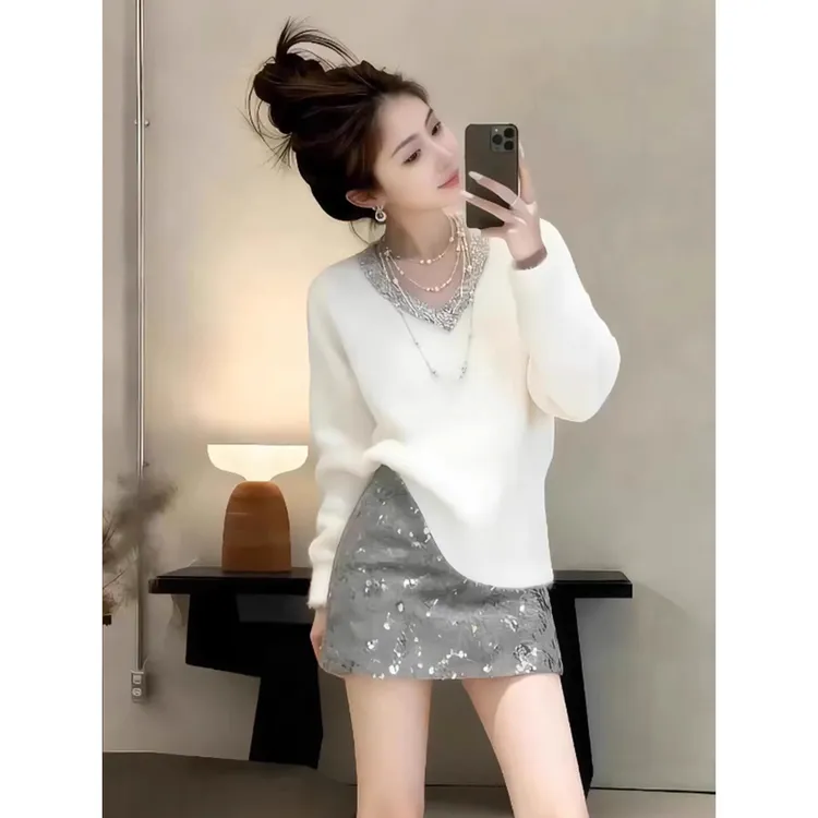 粉色亮钻V领软糯毛衣女秋冬季韩系慵懒风宽松气质超好看针织上衣