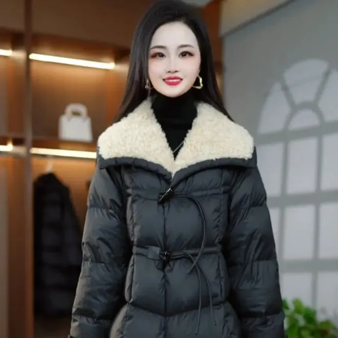 2025气质毛领拼接冬季时尚高级保暖白鸭绒羽绒服收腰中长款M-3XL