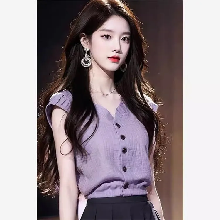 2025年夏季法式v领紫色小飞袖衬衫女高级感气质减龄洋气显瘦上衣