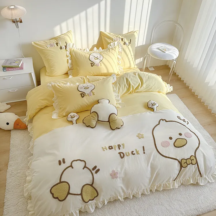 卡通全棉水洗棉四件套100%纯棉少女心刺绣三件套被套床上用品女孩