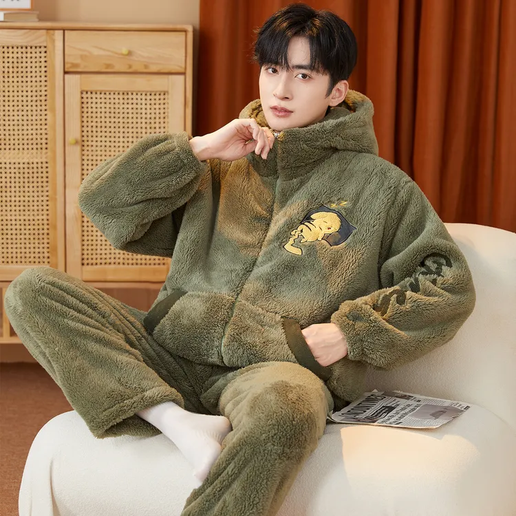 2025新款男士珊瑚绒保暖加绒加厚拉链连帽简约青少年可外穿家居服