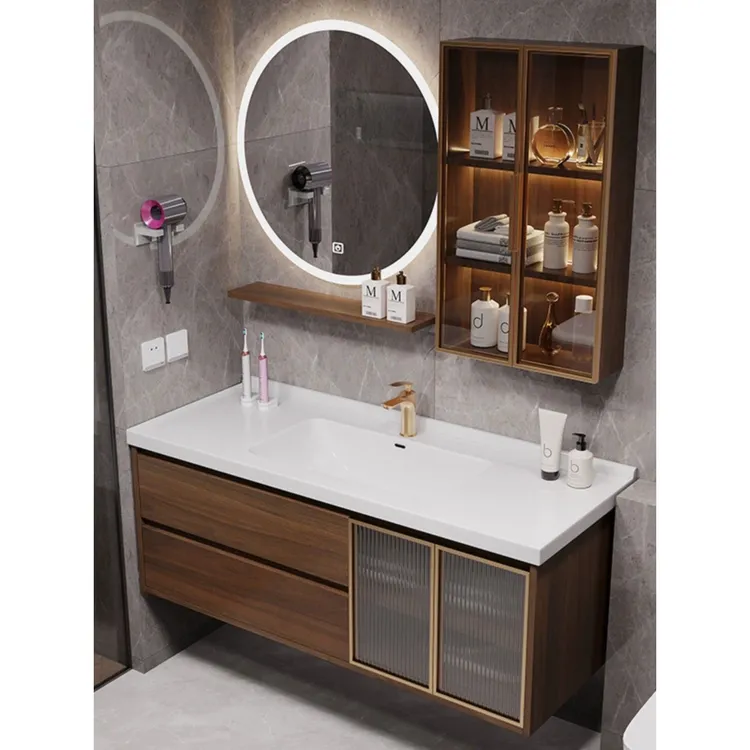 新中式胡桃木色陶瓷一体盆浴室柜组合卫生间洗手盆洗脸盆柜洗漱台