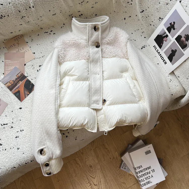 设计感白色羊羔毛针织拼接棉服外套女装2025冬季气质保暖百搭上衣
