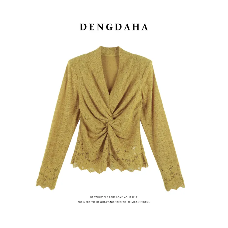 DENGDAHA「薄雾玫瑰」 甜酷风设计收腰版型V领打底衫HBZXW918100