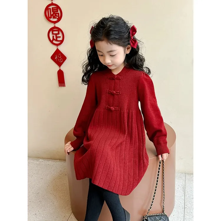 儿童战衣连衣裙表演朗诵中国红女童长袖如意扣毛大红拜年服女孩