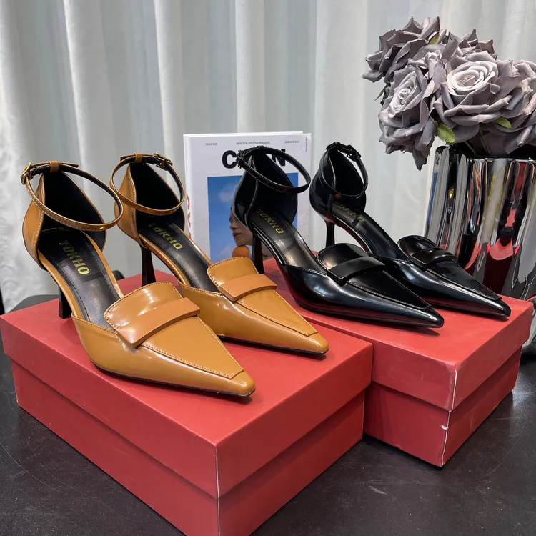 【1-9-6】春浅口网红同款法式方头气质百搭一字扣细高跟中空女单鞋