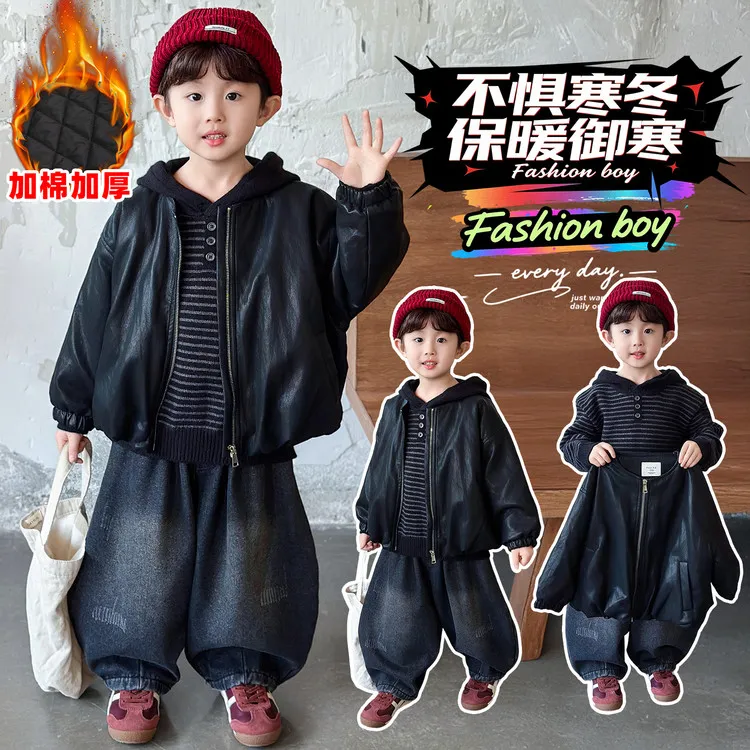 2025男童女洋气加厚保暖休闲秋冬加绒夹棉皮衣韩版套装