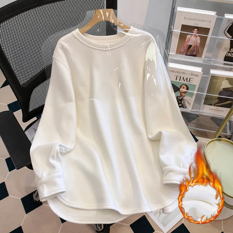 圆领长袖T恤女2024冬新款不规则宽松小个子加绒上衣中长款打底衫