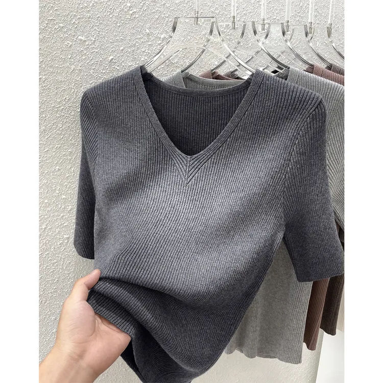 夏季深色系简约百搭V领修身中袖内搭打底衫女装上衣新款针织T恤衫