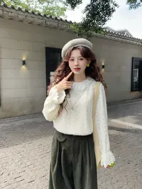 温舒敏【雪域柔光】复古港风加绒加厚宽松蕾丝衫上衣MJ1689485