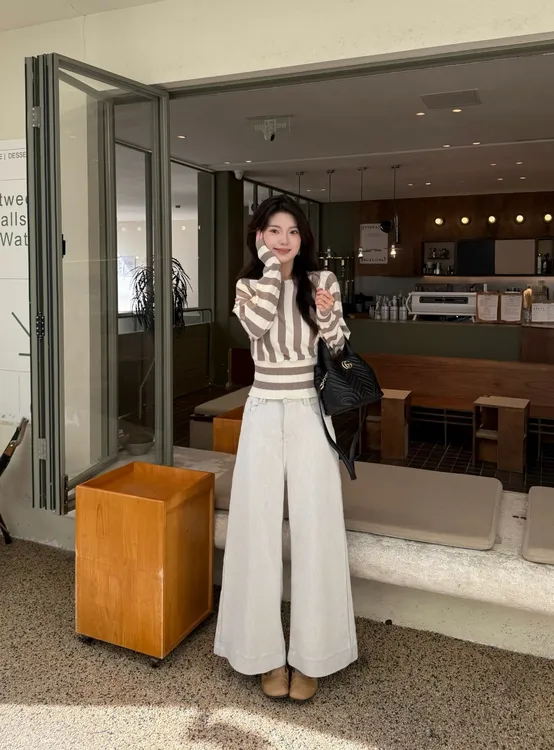 【空白信笺】秋季水洗渣白色高腰阔腿直裤子筒显瘦九分休闲牛仔裤女