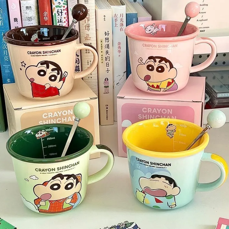 正版蜡笔小新家用高颜值可爱陶瓷马克杯喝水刻度杯咖啡杯子牛奶杯