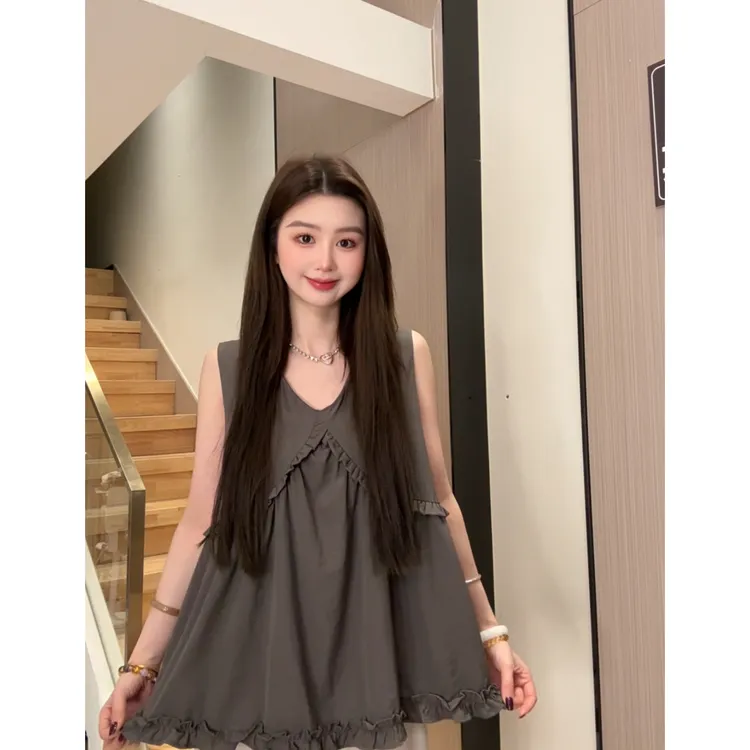 法式V领褶皱花边背心衬衫女夏季温柔宽松显瘦百搭无袖上衣设计感