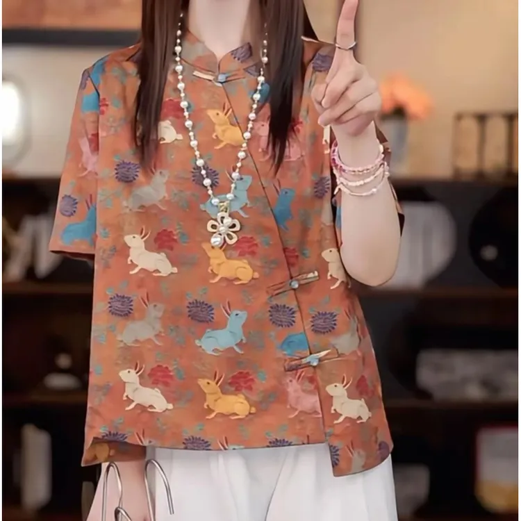 轻奢高级感新中式国风七彩兔短袖上衣