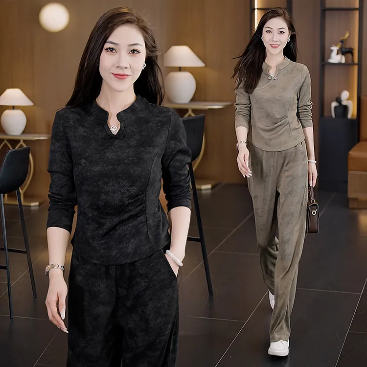 时尚休闲套装女2025春季新款洋气减龄显瘦盘扣上衣阔腿裤两件套潮