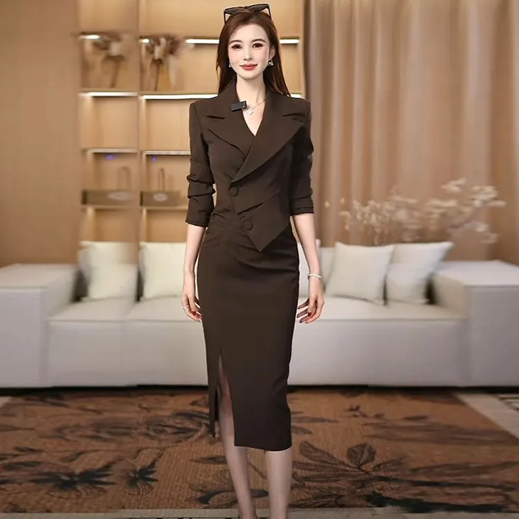 假两件连衣裙2025春秋季新款修身显瘦气质名媛西装收腰中长包臀裙