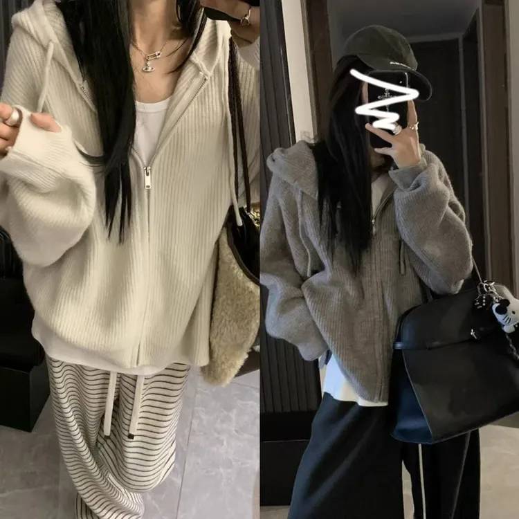 韩系连帽拉链毛衣女秋冬2025新款内搭慵懒高级感针织开衫卫衣