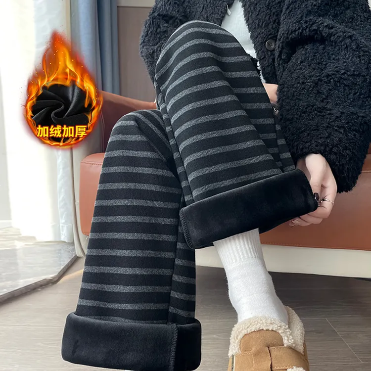 复古条纹阔腿裤女秋冬季加绒加厚小个子今年流行休闲窄版直筒裤子