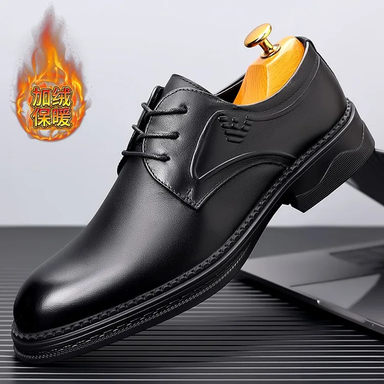 男士冬季加绒保暖头层牛皮皮鞋真皮商务正装百搭系带休闲二棉鞋男