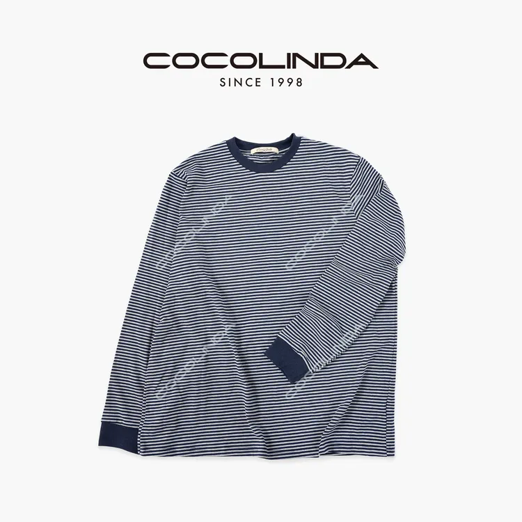 COCOLINDA| 棉质男女CP条纹小领口松驰感加长版弹力长袖T恤T5409