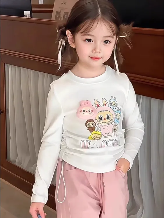 2025新款女童装立体公仔长袖白色T恤秋季儿童宝宝印花抽绳上衣