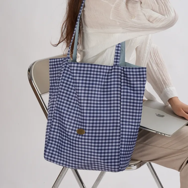 托特包耐磨纯色格子通勤双面单肩印花百搭富婆风四季文艺字母四季
