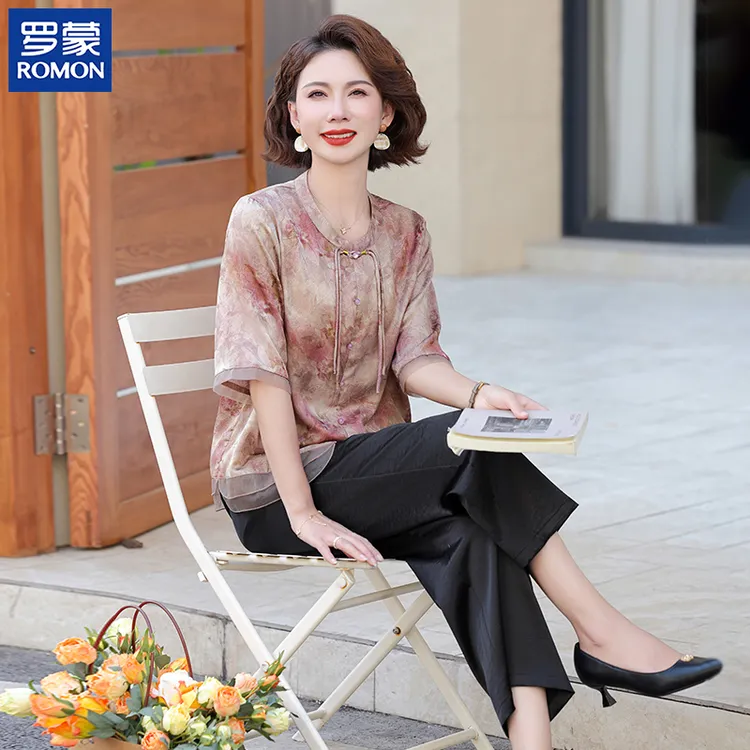 罗蒙洋气妈妈夏装套装2025新款50岁花色圆领上衣中老年女薄两件套
