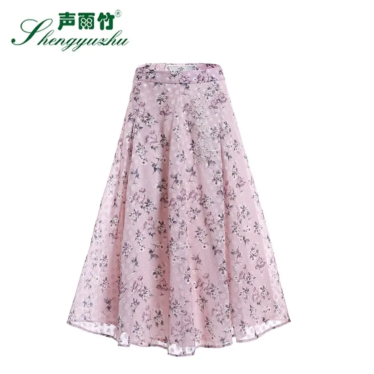 Shengyuzhu/声雨竹女士半身裙成熟优雅气质薄款花色中长裙A字裙