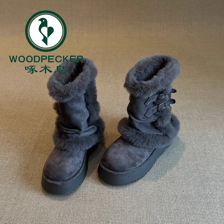 啄木鸟小个子厚底时髦小众雪地靴女2025新款羊羔毛一体皮带扣棉靴
