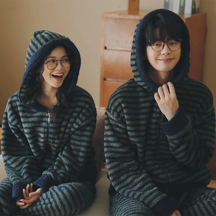 【段姐家居服】情侣款绿藏青条珊瑚绒睡衣套装加绒加厚软糯保暖冬款