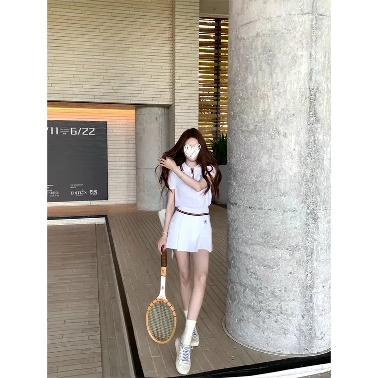 氧气少女组网球系列华夫格针织polo衫上衣高腰短裙时尚套装