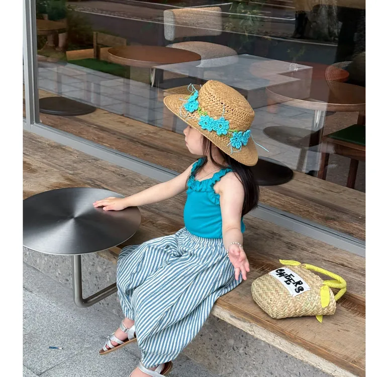 壹妈童装女童套装2025新款韩系夏季女宝蓝色吊带背心条纹防蚊裤