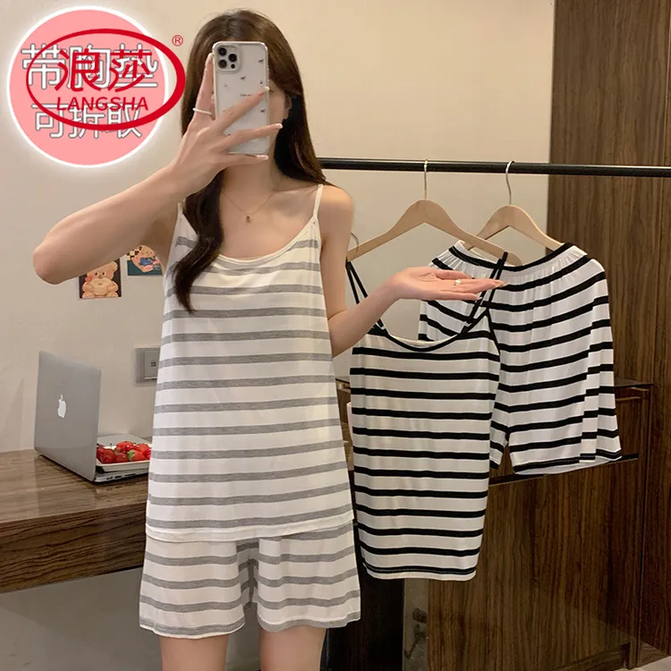 浪莎莫代尔带胸垫吊带睡衣女款夏天2025新款条纹大码可外穿夏季家