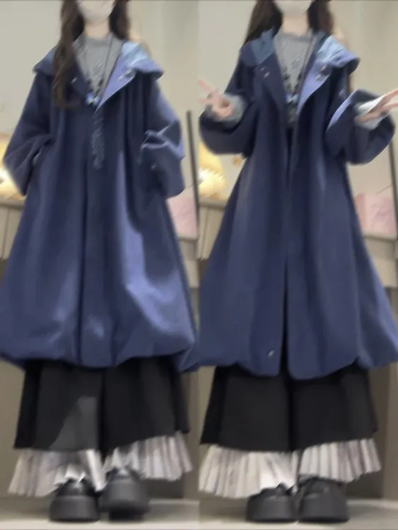 2025年冬季新款韩系针织打底衫刺绣连帽毛呢大衣阔腿裙裤三件套女