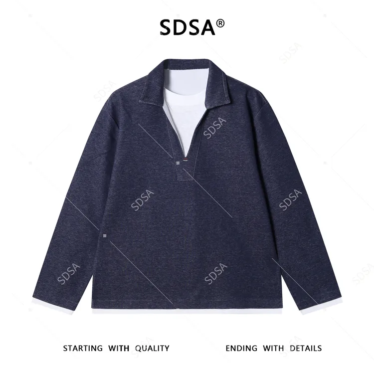SDSA男士秋冬新款痞帅男装设计感假两件V领长袖T恤纯色休闲风简约