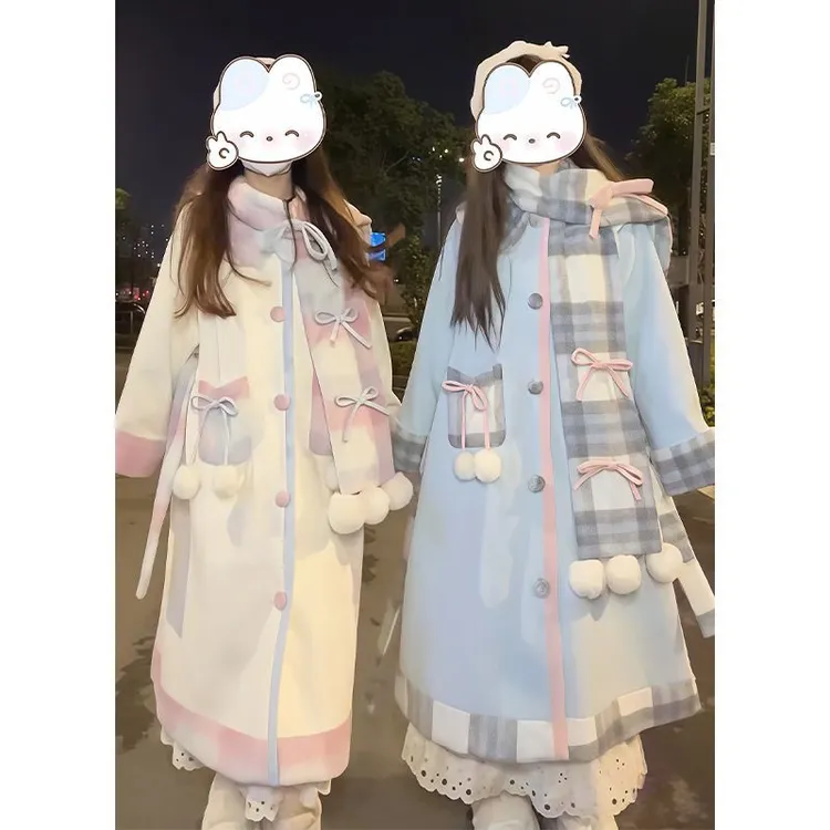 【配围巾】飞行日记 温柔甜美多巴胺毛呢大衣女秋冬季带围脖套装女