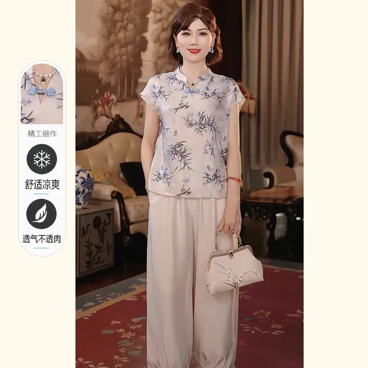 年轻妈妈夏装短袖T恤小衫2025新款洋气中老年女装上衣服套装