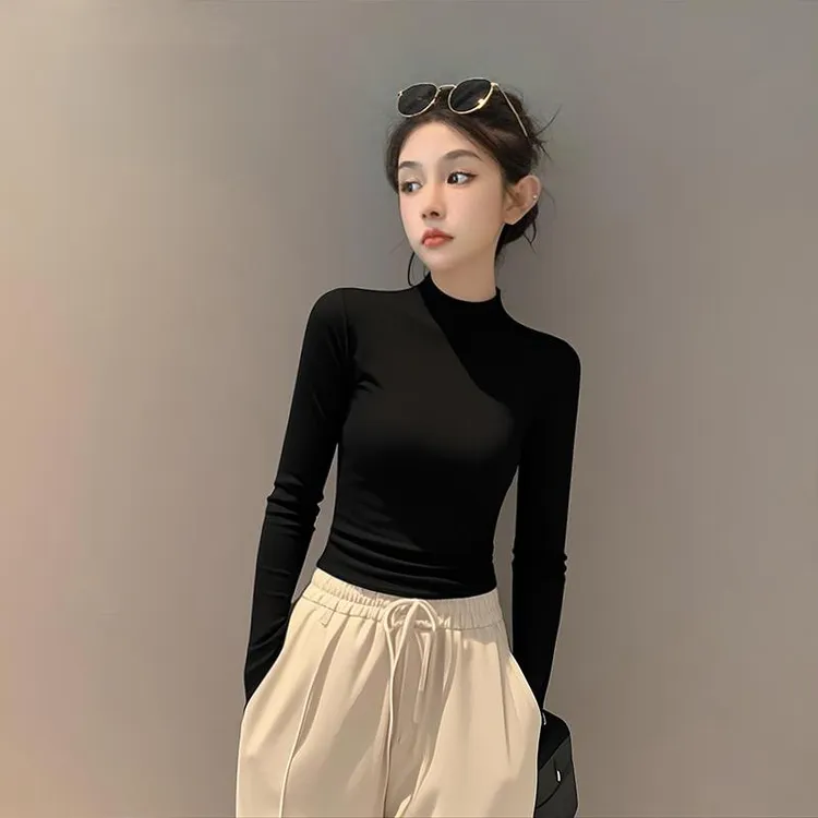 2025新款春秋黑色半高领长袖内搭衣女内搭外穿修身显瘦针织上衣服