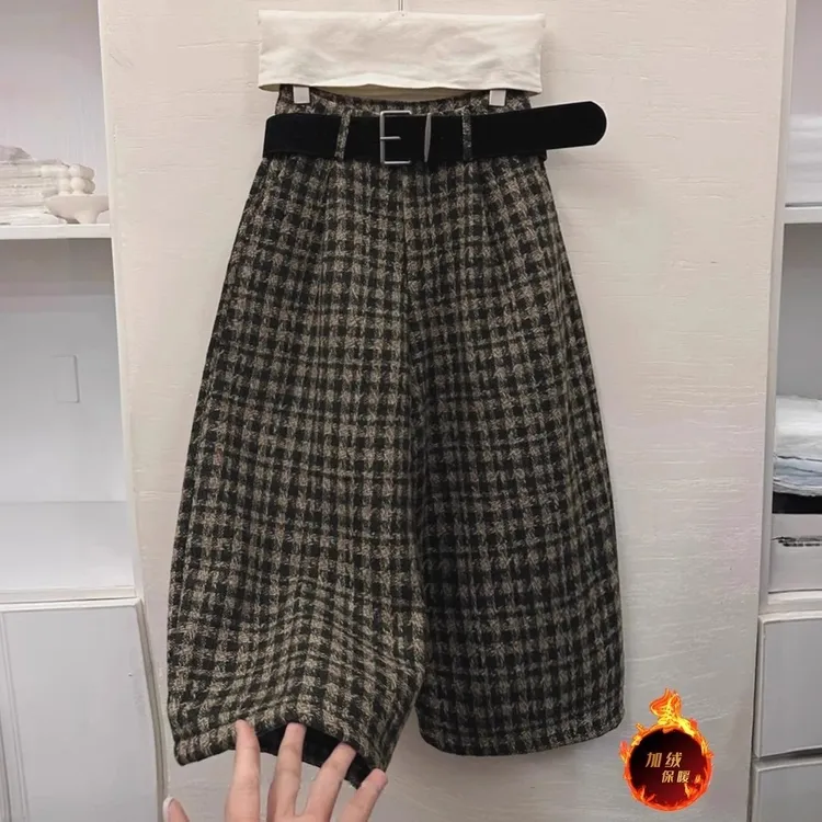 复古千鸟格纹毛尼休闲裤女2025冬季新款显瘦气质直筒阔腿七分裤