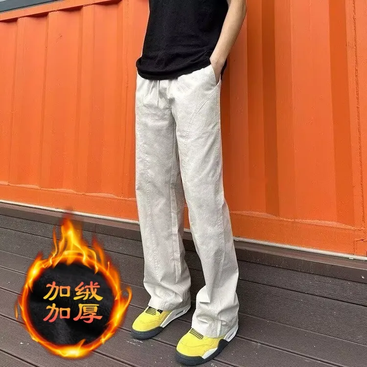 美式cleanfit杏色斜切休闲裤男冬季加绒加厚工装裤宽松保暖裤子