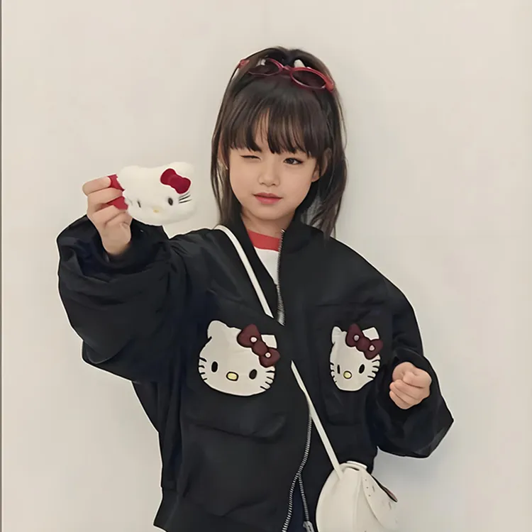 女童休闲外套2025新款女孩春秋超好看刺绣kt猫棒球服儿童黑色夹克