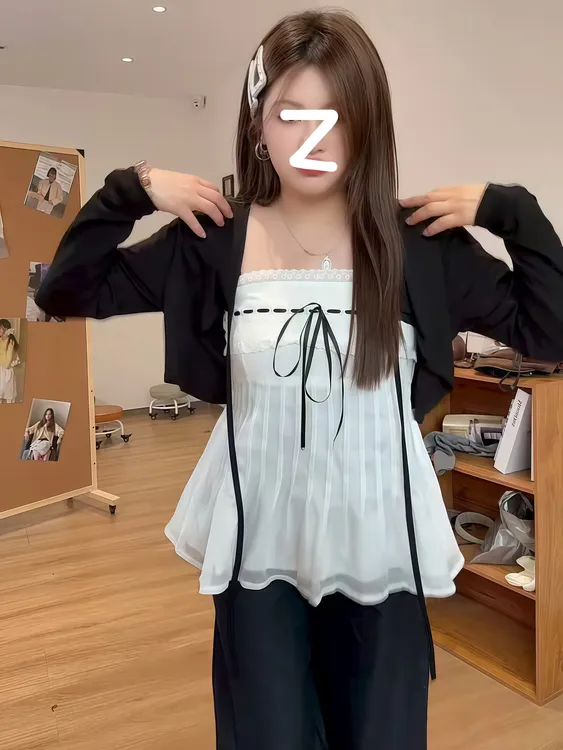 大码胖mm纯欲风复古蕾丝花边抹胸性感蝴蝶结系带开衫牛仔裤套装