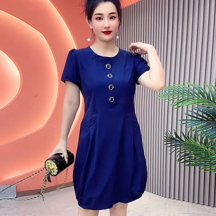 短袖连衣裙气质中老年纯色显瘦薄款显瘦遮肉洋气时尚中长款裙子女