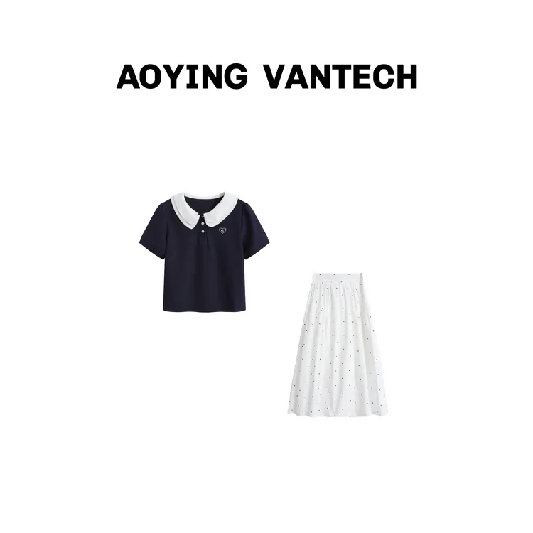 AOYING VANTECH【甜心教主】甜美花朵扣短袖复古波点松紧腰半裙套装