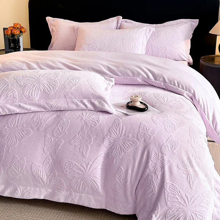 秋冬 A类雕花绒四件套加厚牛奶绒被套床单床笠秋冬宿舍床上用品4