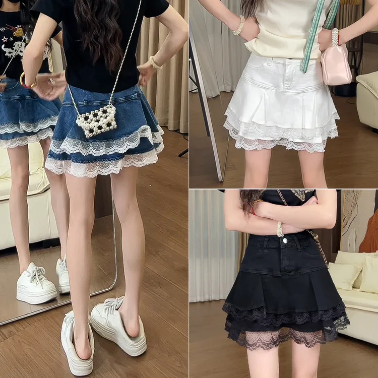 0630美式辣妹荷叶蕾丝拼接牛仔A字裙女夏防走光高腰百褶蓬蓬裙裤