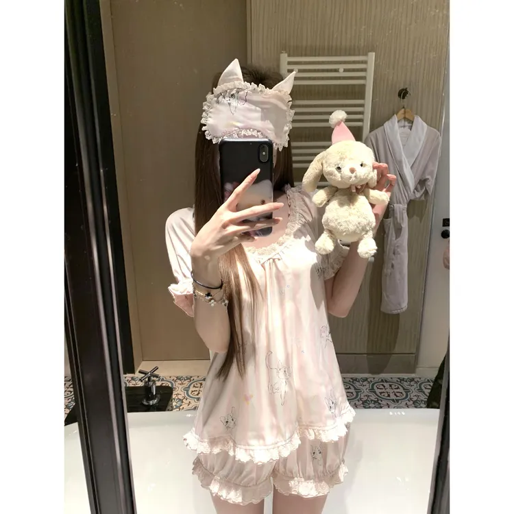 甜美蕾丝边小猫印花冰丝睡衣带胸垫女款爆款2025新款家居服套装